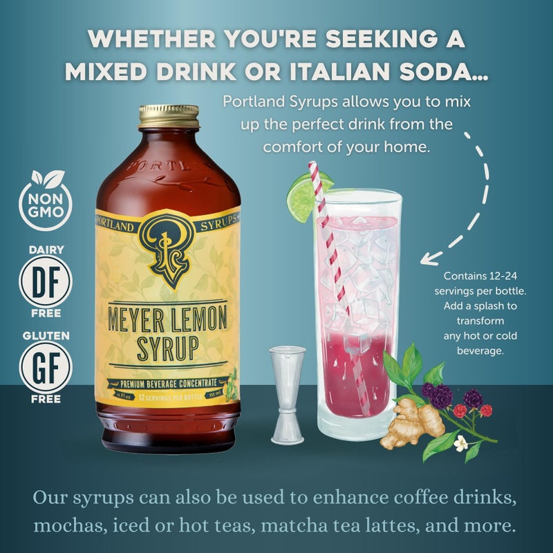 Portland Syrups Meyer Lemon Syrup - Premium Beverage Concentrate for Delicious Cocktails, Tea, Soda, Coffee Drinks, Baking, and More - 12 oz with 12 Servings (Pack of 2) - Image 1